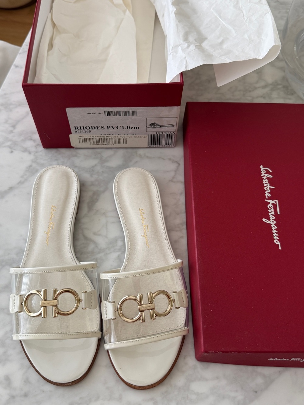 Salvatore Ferragamo White PVC & Leather Logo Slide Sandals